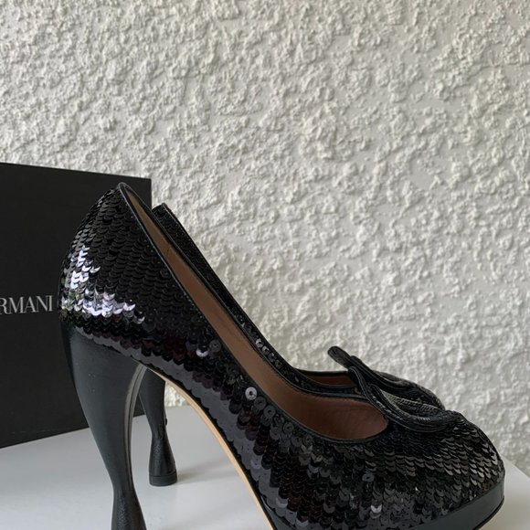 EMPORIO ARMANI Pumps - US 6 (EU Size 36) Black Peep-Toes Sculptural Heels - Picture 4 of 8